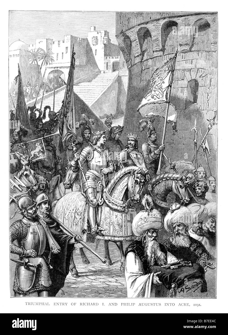 Triumphaler Einzug von Richard I und Philip Augustus in Acre 1191 Illustration Stockfoto