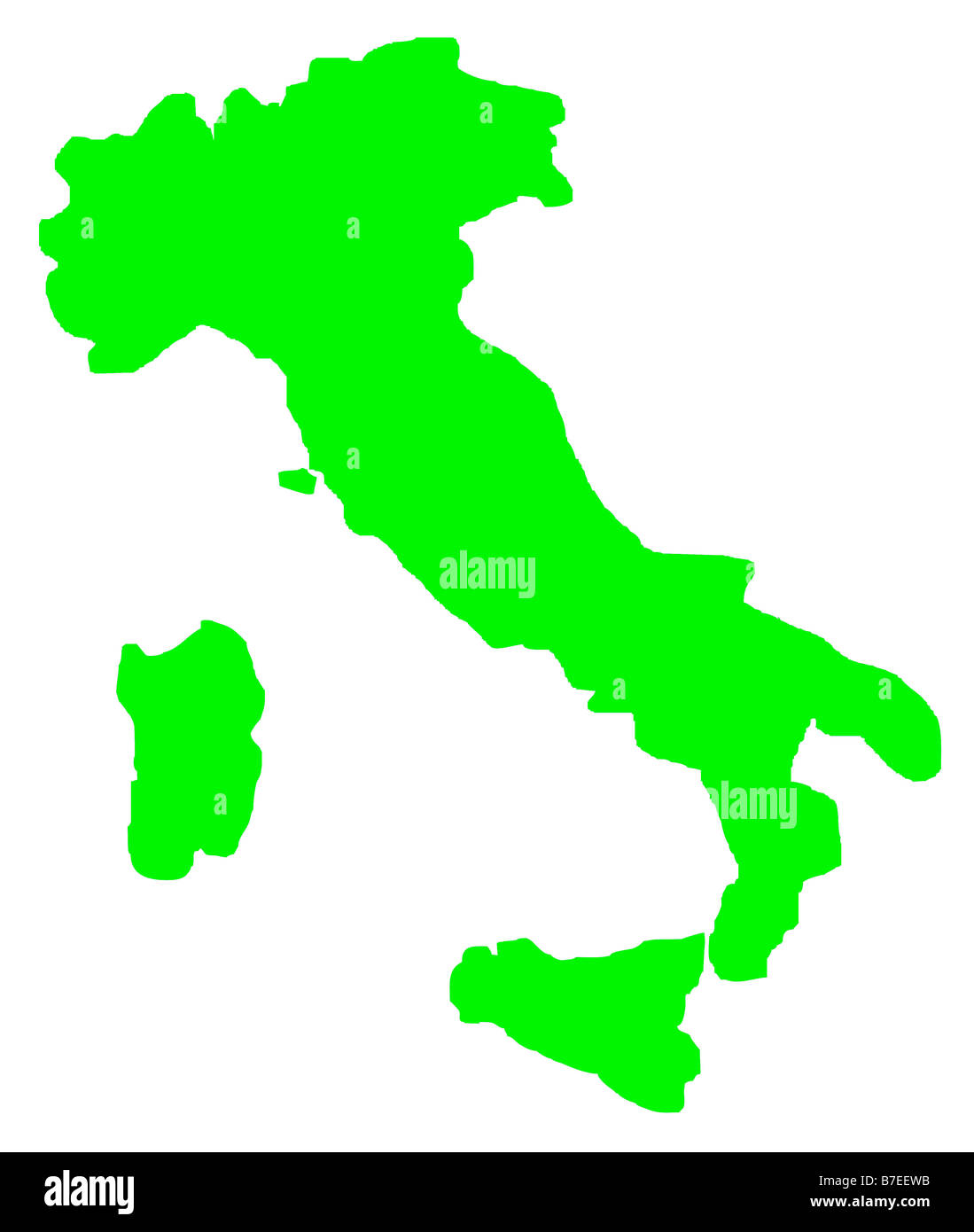 Der Umriß von Italien in grün isoliert auf weißem Hintergrund Stockfoto
