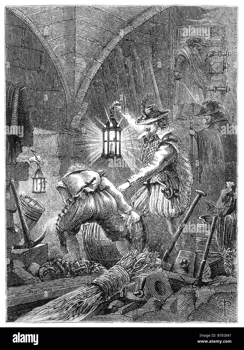 The Gunpowder Plot Conspirators at Work: Houses of Parliament 1605 Illustration des 19. Jahrhunderts Stockfoto