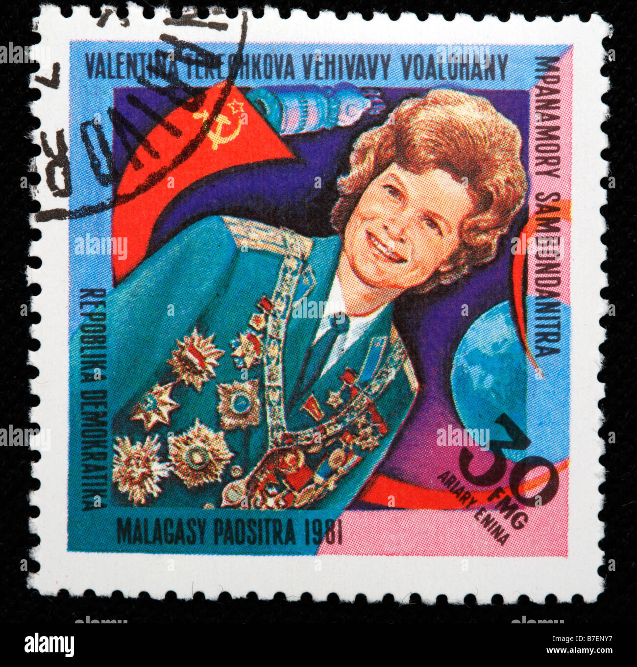 Erstflug der Frau in den Weltraum von Valentina Tereshkova, Briefmarke, Madagassen, 1981 Stockfoto