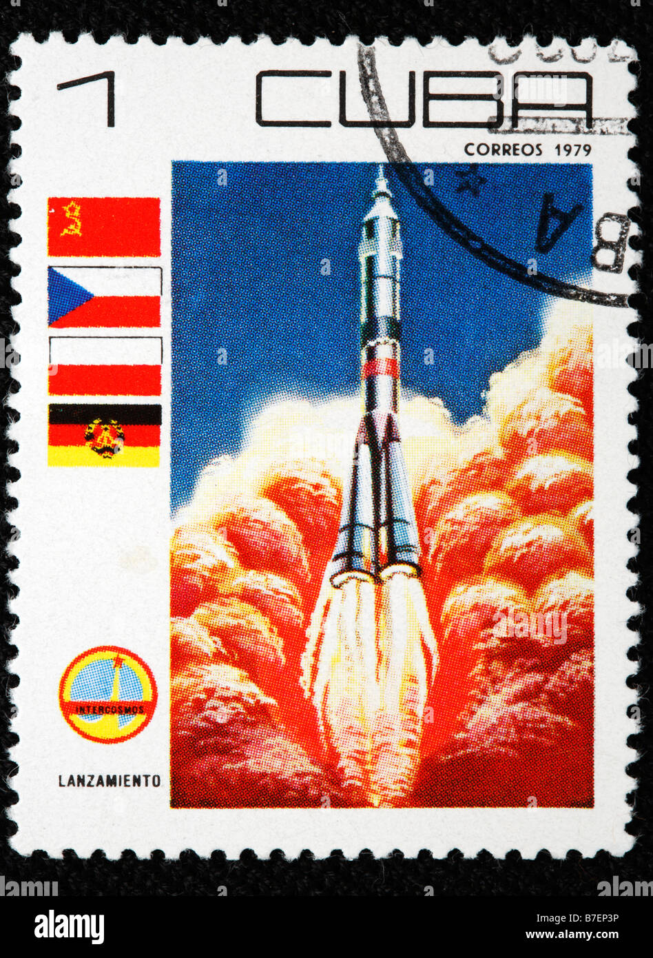 Start der Rakete, Briefmarke, Kuba, 1979 Stockfoto
