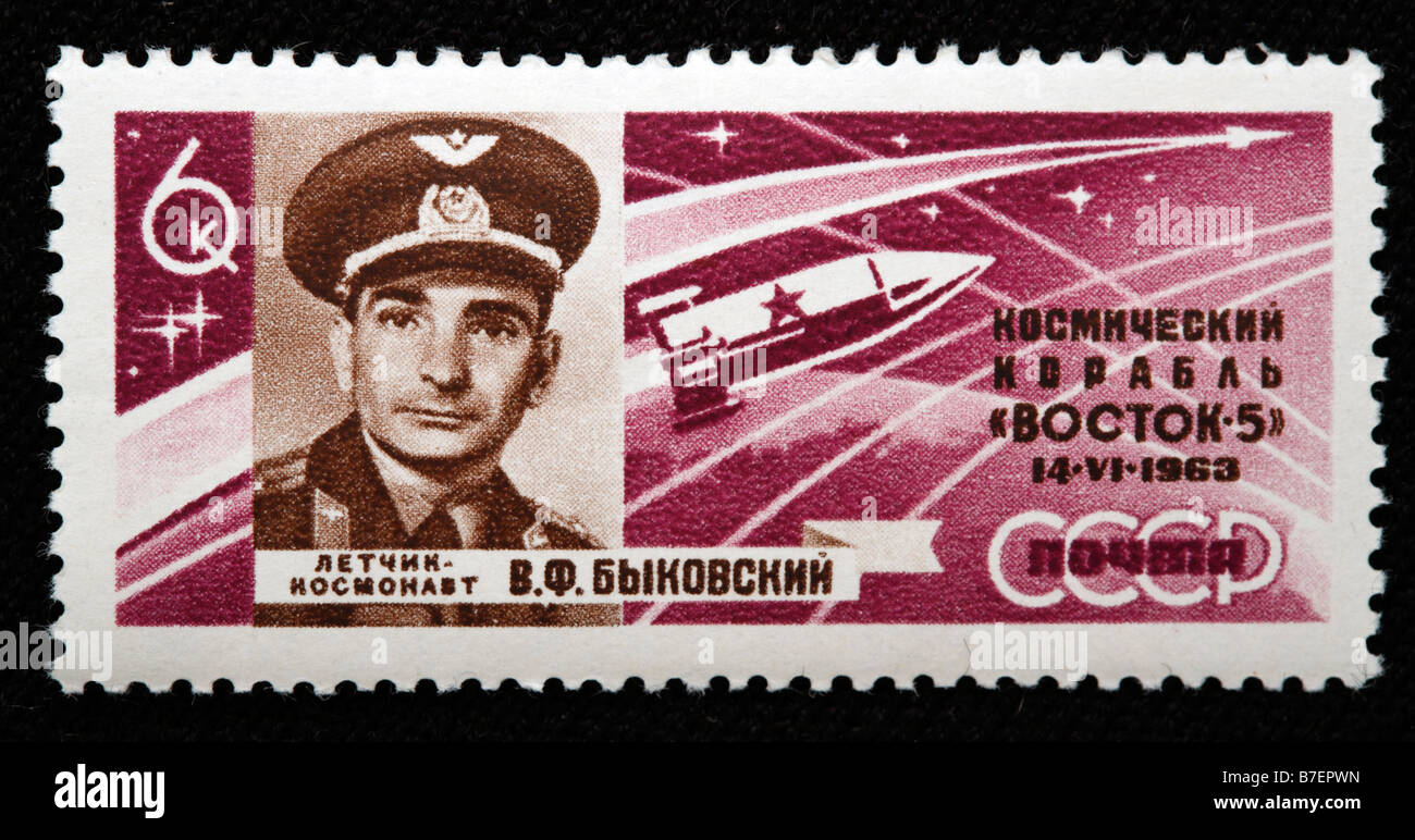 Sowjetische Astronaut Bykovskiy, Raumschiff "Wostok 5 Porto", Stempel UdSSR, 1963 Stockfoto