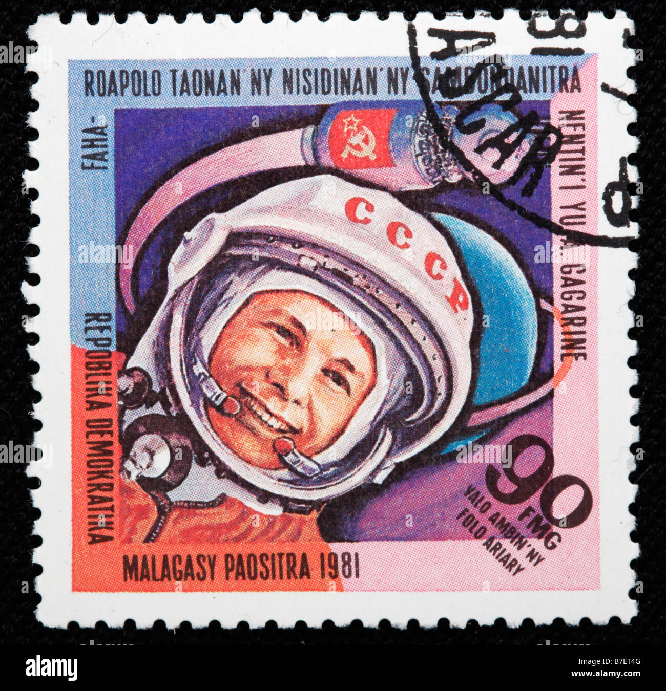 Erster Flug in den Weltraum von Yuri Gagarin, Briefmarke, Madagassen, 1981 Stockfoto