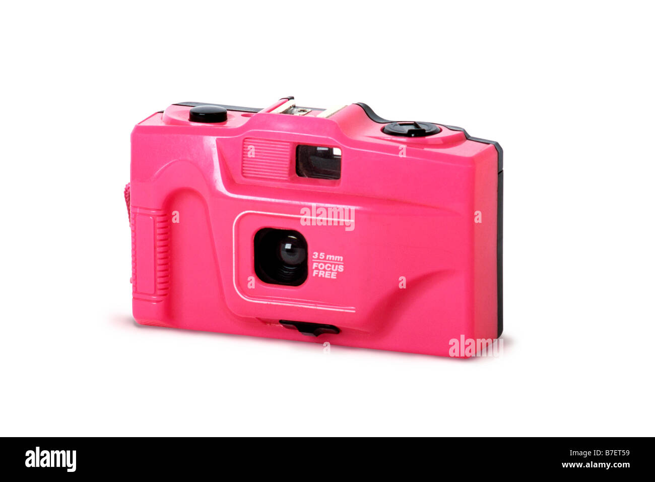Billige Kunststoff 1970 35mm Film-Kamera auf einem reinen weißen Hintergrund. Stockfoto