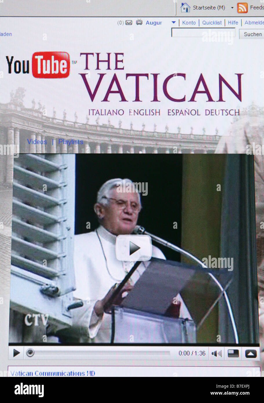 Screenshot des Vaticans Internet Plattform bei Youtube zeigt Papst Benedikt XVI. Stockfoto