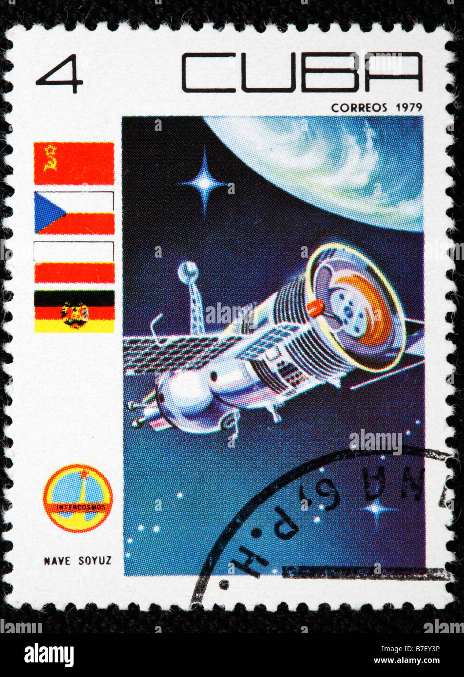 Sowjetischen Raum Orbitalstation "Sojus", Briefmarke, Kuba, 1979 Stockfoto