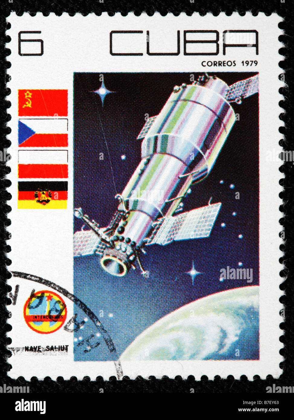 Sowjetischen Raum Orbitalstation "Salut", Briefmarke, Kuba, 1979 Stockfoto