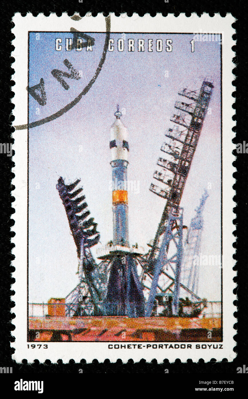Start der Rakete "Sojus", Briefmarke, Kuba, 1973 Stockfoto