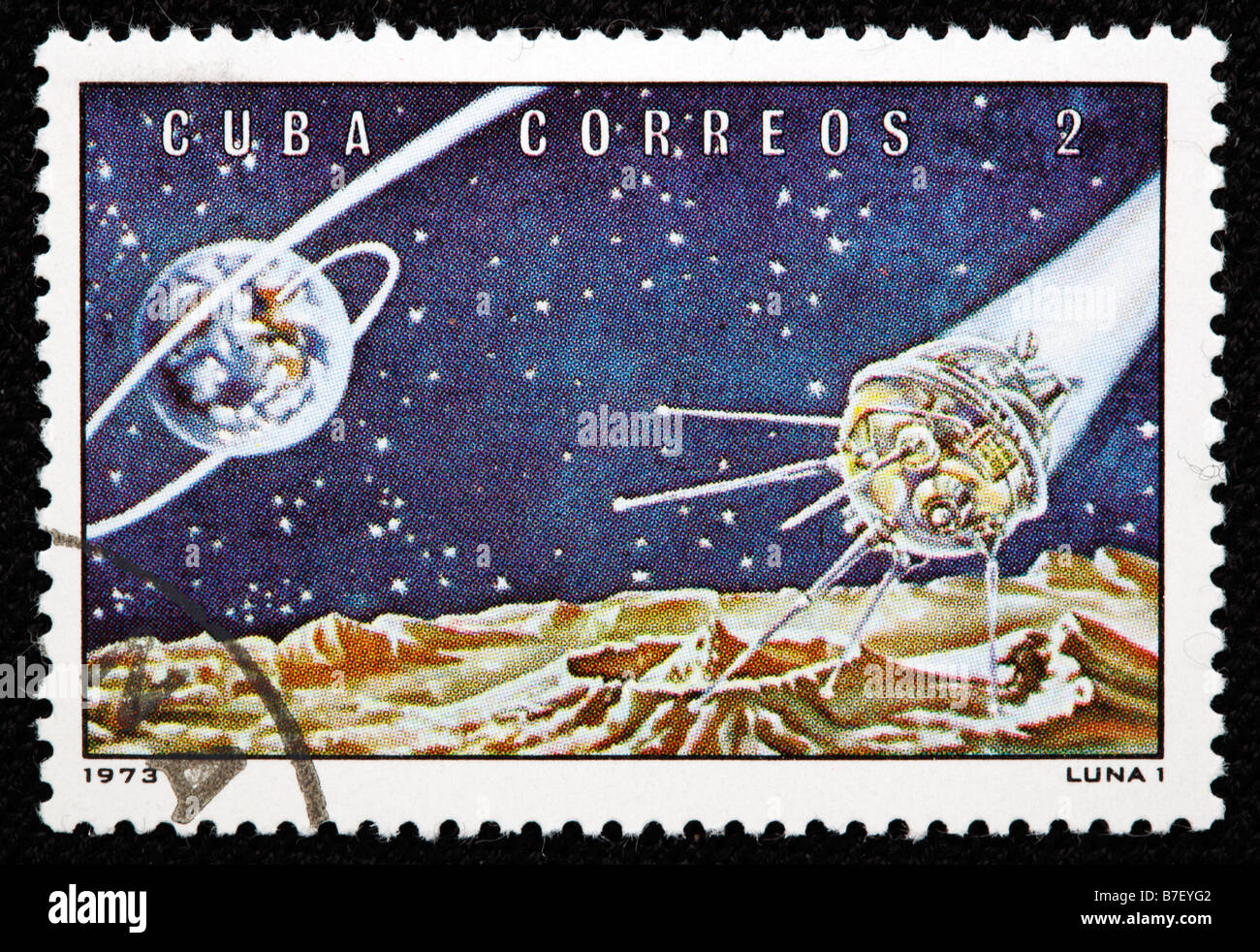 Sowjetischen Mond Orbitalstation "Luna 1", Briefmarke, Kuba, 1973 Stockfoto