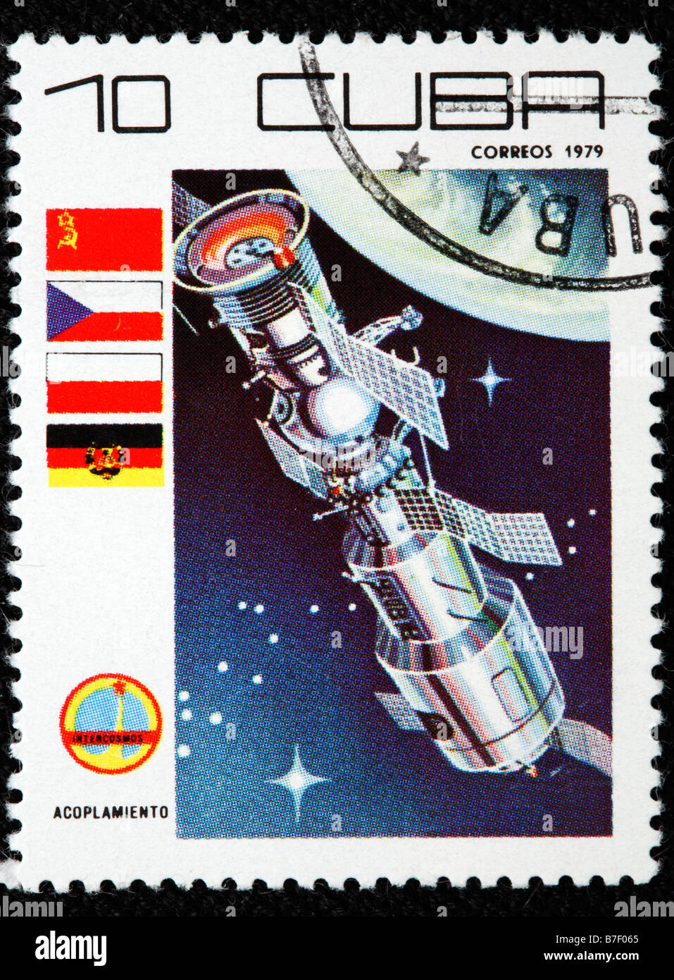 Sowjetische orbitale Raumstation, Briefmarke, Kuba, 1979 Stockfoto
