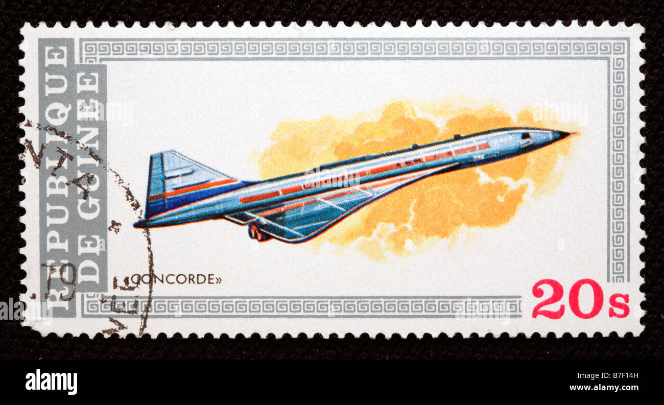Geschichte der Luftfahrt, Flugzeug Concorde, Briefmarke, Guinea Stockfoto