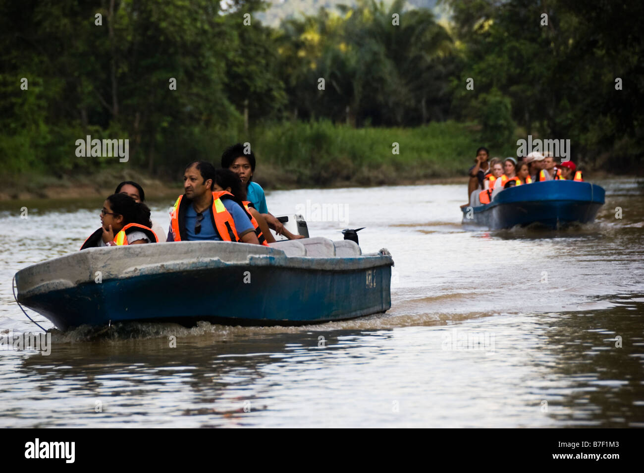Touristen in Booten auf dem Kinabatangan Fluss in Malaysia Borneo Stockfoto