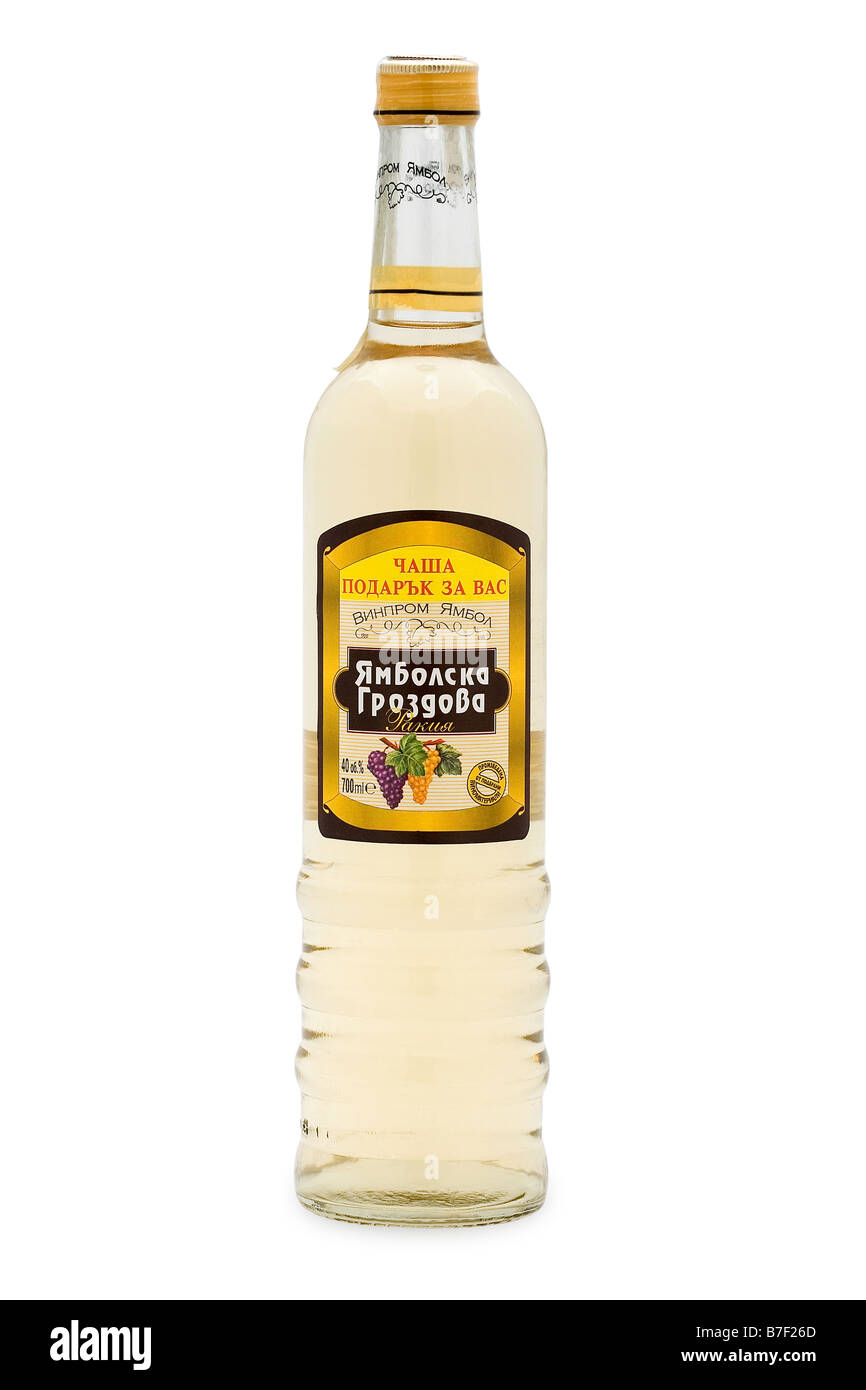 Bulgarien Yambol Vinprom Glas präsentieren Rakia Weinbrand Grapefruit blass goldene Farbe Nuancen starkes aroma Stockfoto