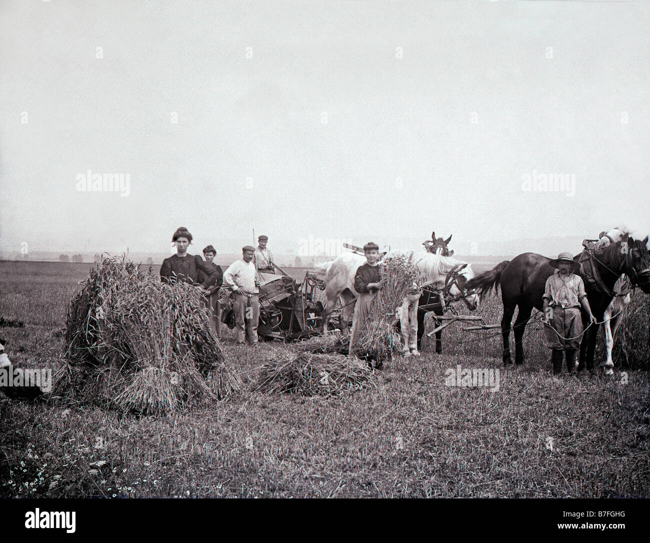 Les foins de France vers 1900 Batteuse Dreschmaschine Landmaschinen Landwirtschaft Landwirtschaft Heuhaufen arbeitenden Mitarbeitern Korn des ländlichen Raums Stockfoto