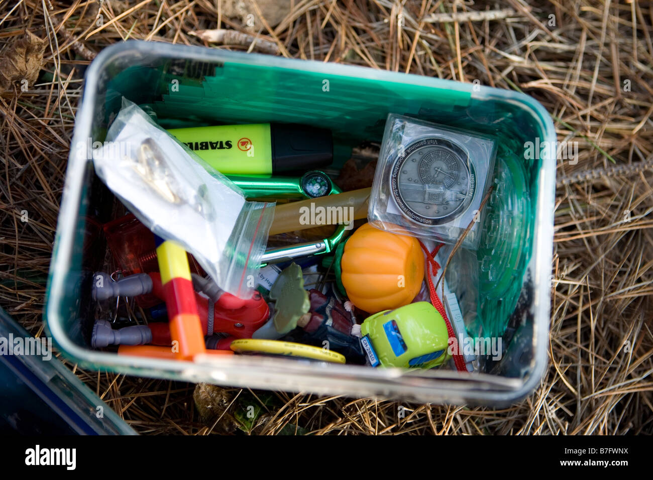 Geocache-Schatzkiste versteckt in der Landschaft Stockfoto