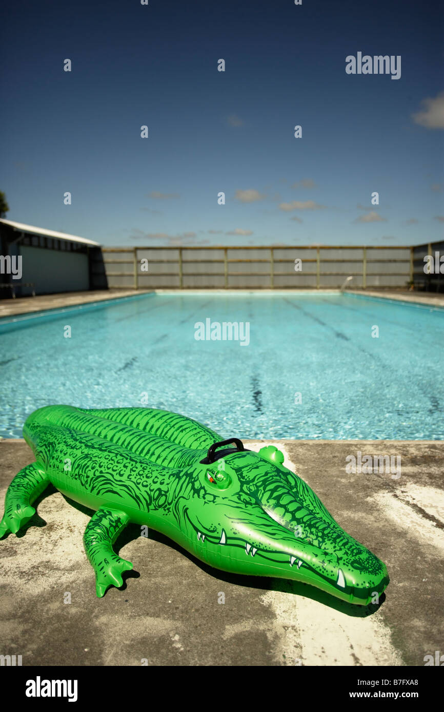 Aufblasbare Krokodil am pool Stockfoto
