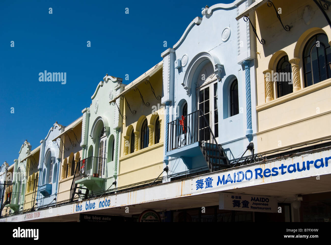 Spanische Mission Stil Architektur, neue Regent Street, Christchurch, Canterbury, Neuseeland Stockfoto