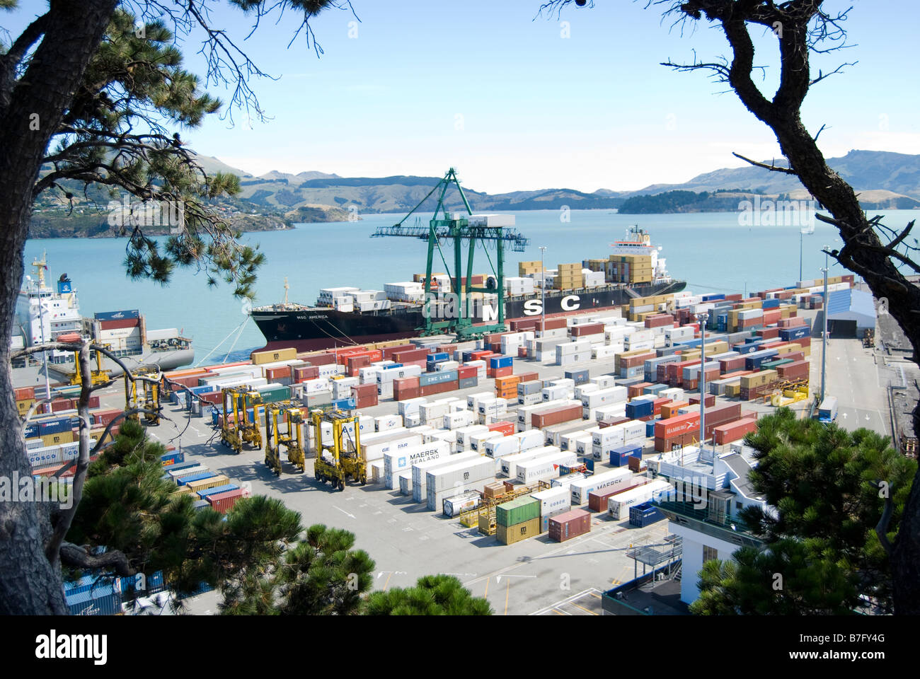 Container-Hafen Lyttelton Harbour, Lyttelton, Banks Peninsula, Canterbury, Neuseeland Stockfoto