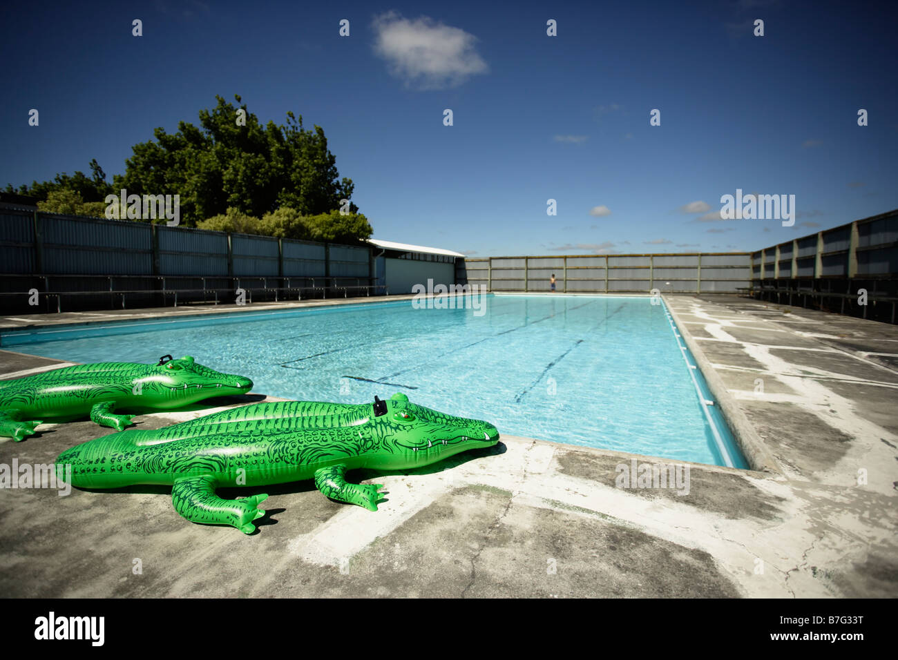 Aufblasbare Krokodil am pool Stockfoto