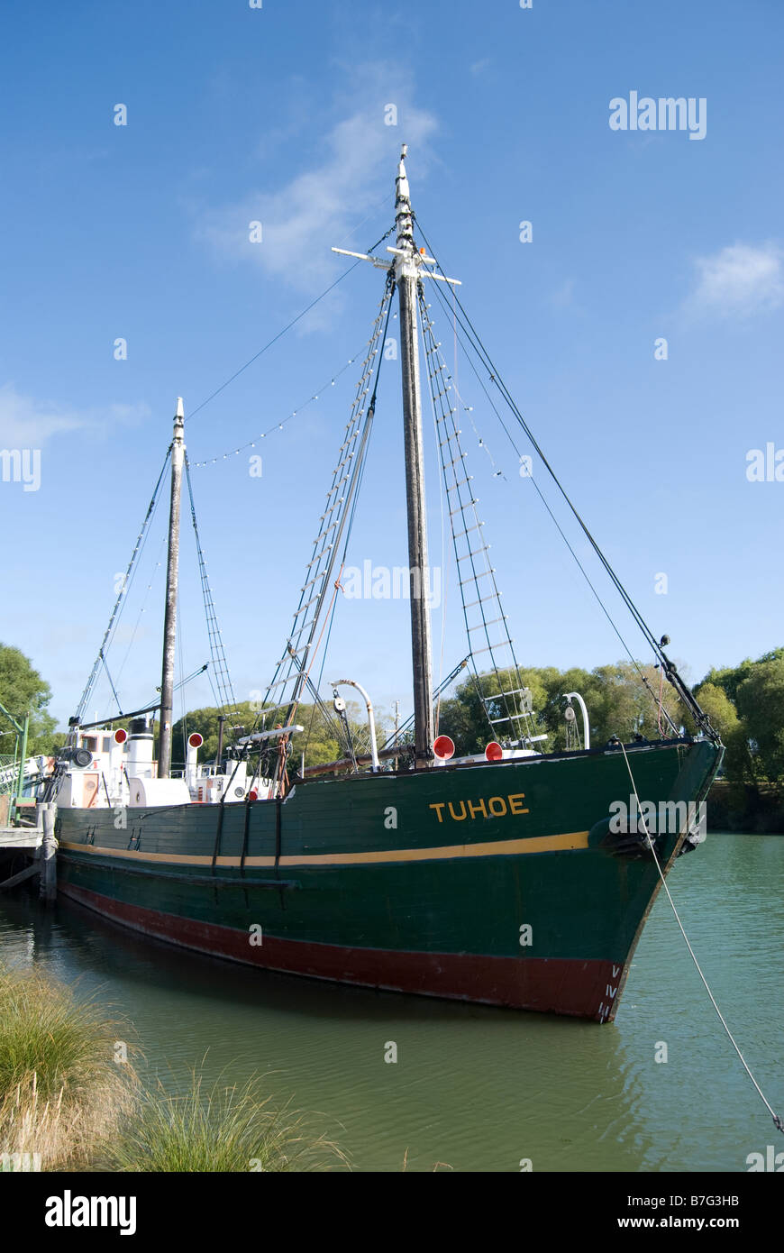 Historische MV Tuhoe Schiff, Hafen von Kaiapoi, Kaiapoi River, Kaiapoi, Waimakariri Bezirk, Canterbury, Neuseeland Stockfoto