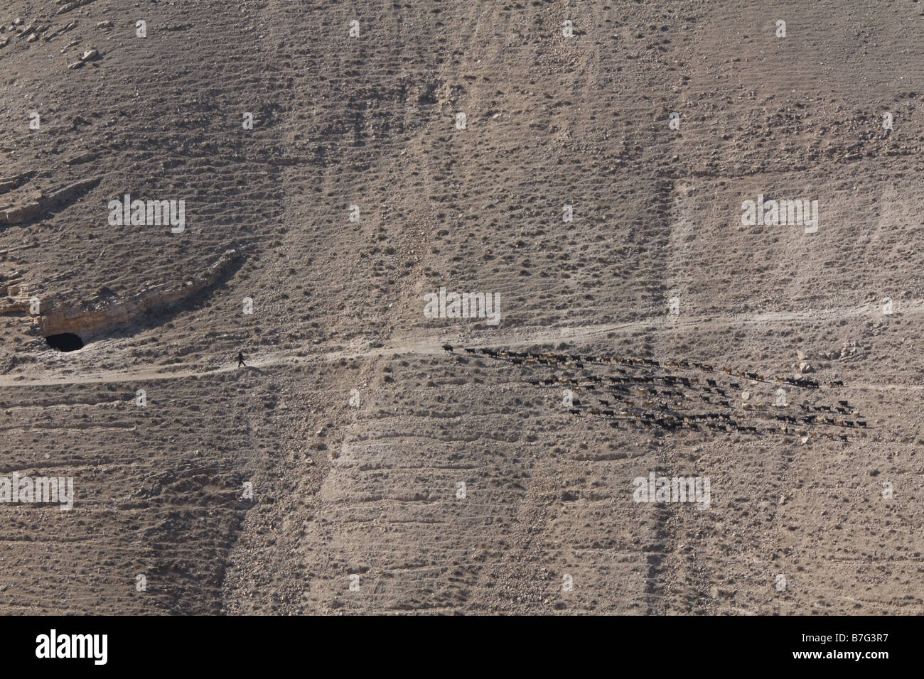 Blick auf den Machaerus Mukawir Hügel mit Ziegen hüten - Jordanien Ort der Hinrichtung Johannes des Täufers Stockfoto