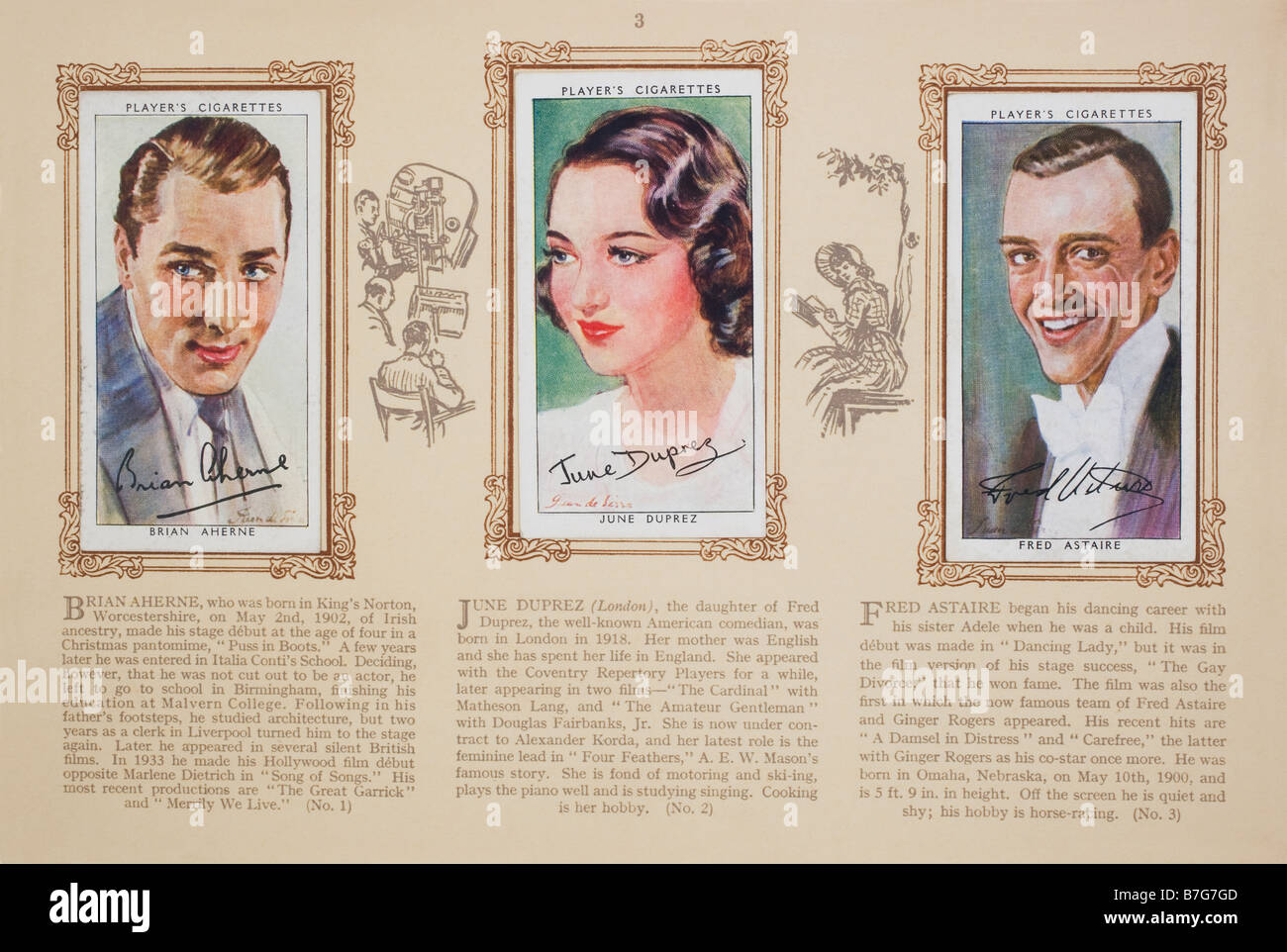 Zigarette Kartenalbum 1938 von John Player & Söhne mit Illustrationen von Filmstars ausgestellt. 3. Reihe Stockfoto