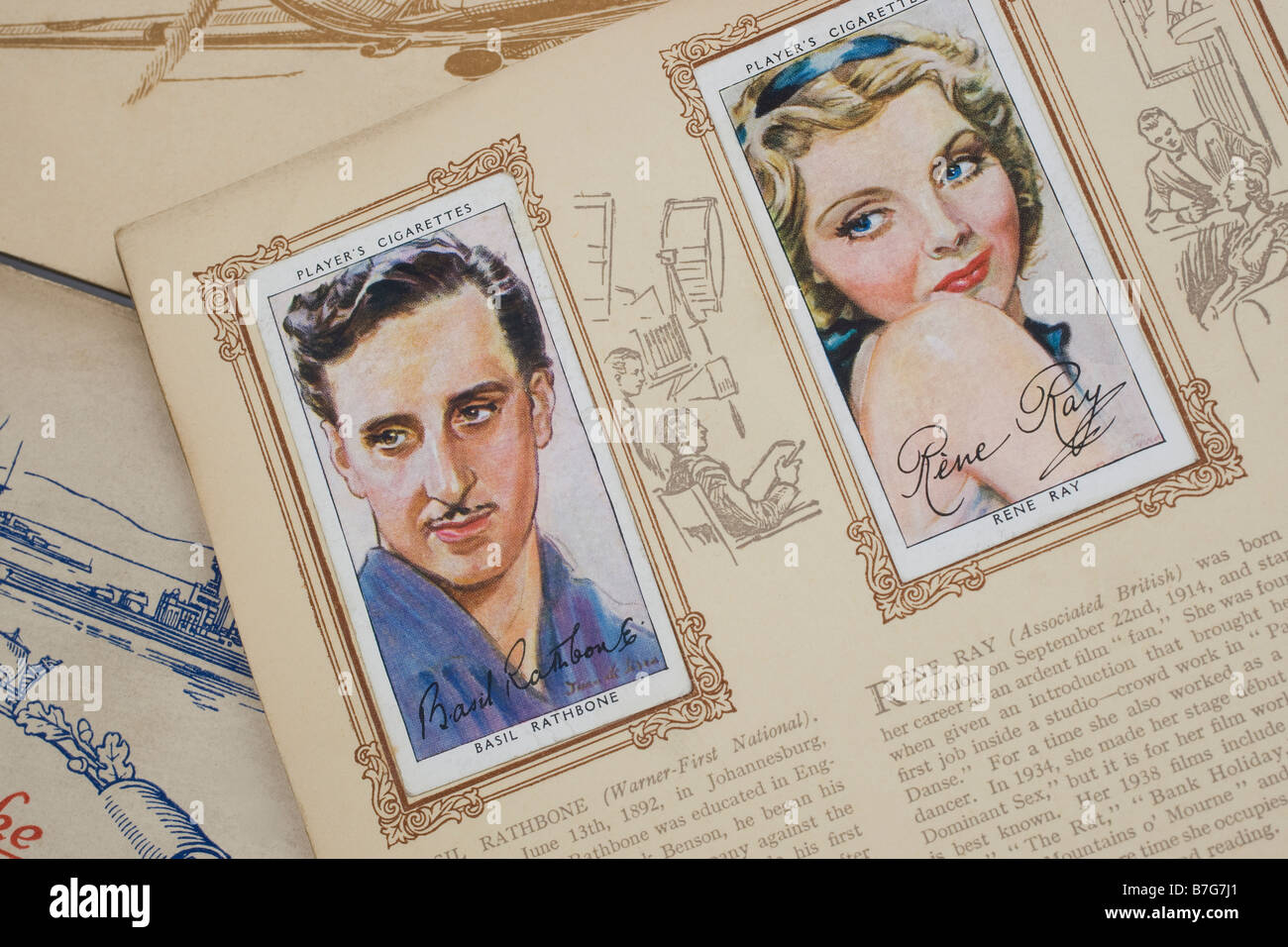 Zigarette Kartenalbum 1938 von John Player & Söhne mit Illustrationen von Filmstars ausgestellt. 3. Reihe Stockfoto