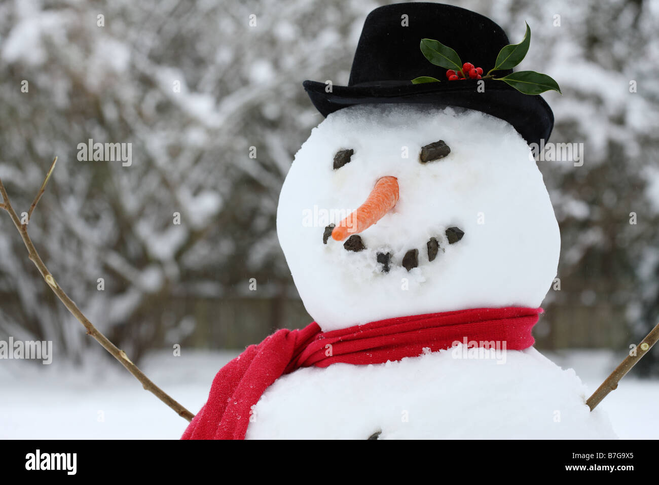 Nahaufnahme von einem Schneemann mit Mütze, Schal und Karotte Nase Stockfoto