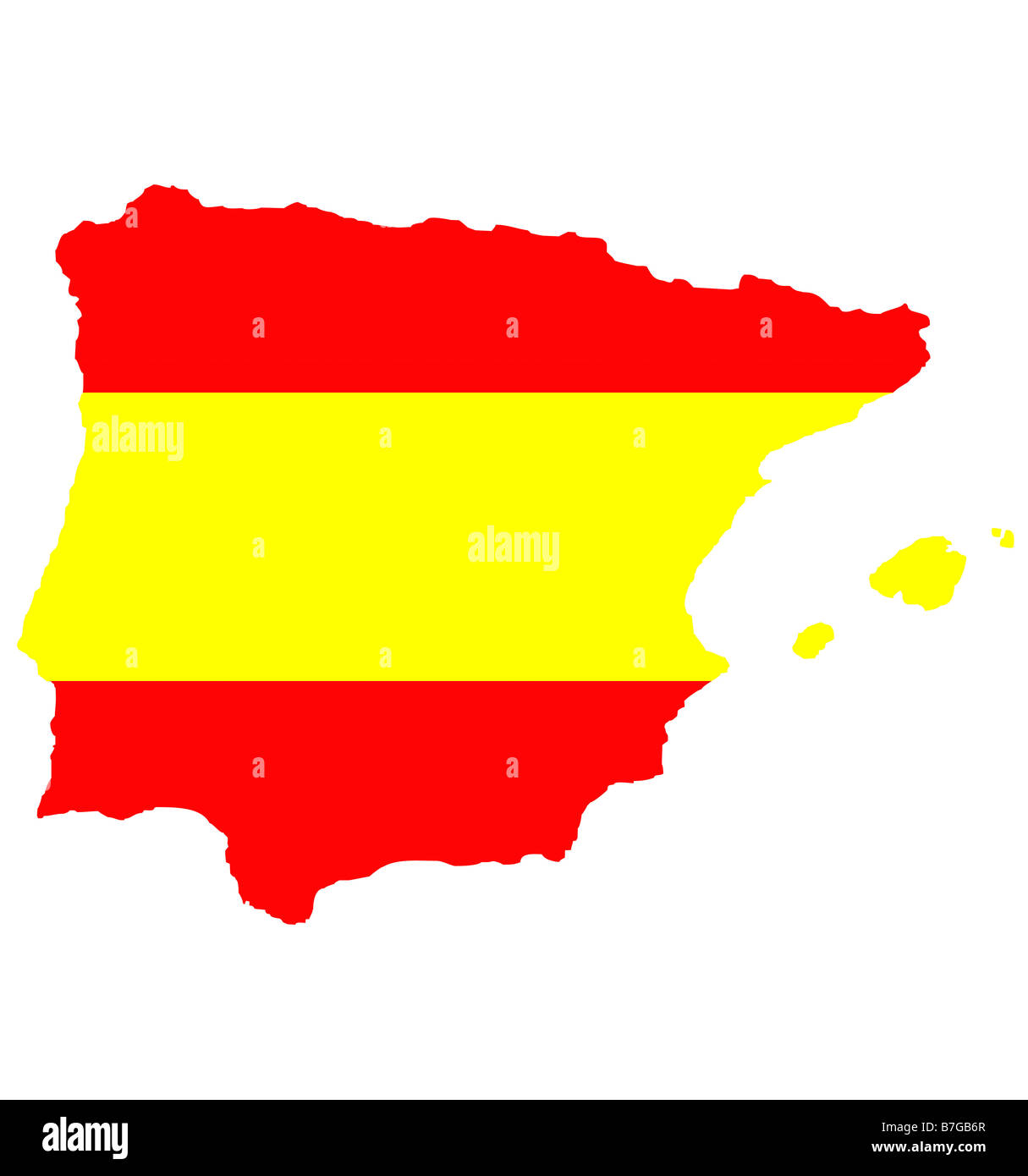 Der Umriß von Spanien und Balearen isoliert in den Farben der Flagge Stockfoto