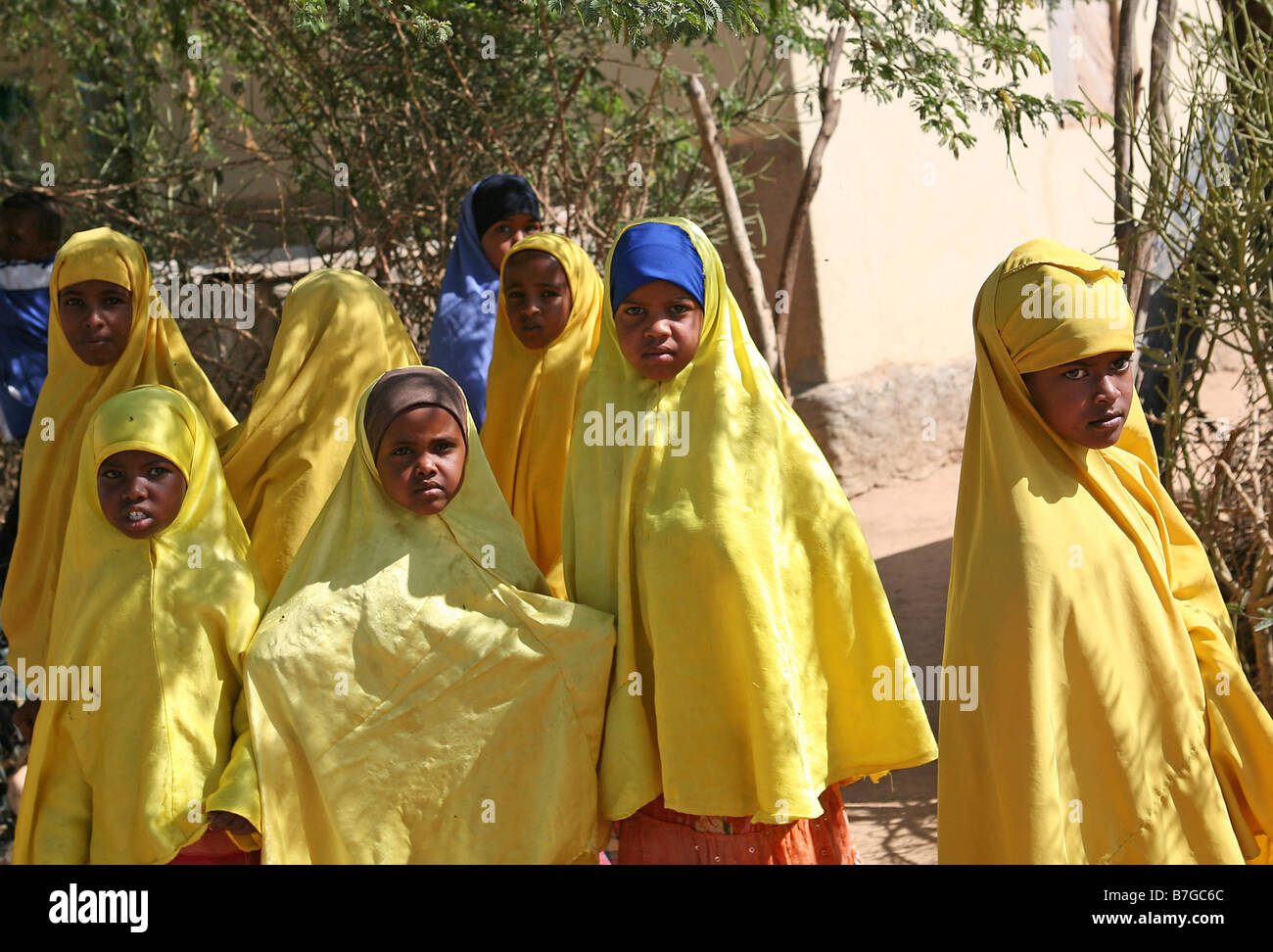 Schulmädchen in gelben Hijabs Hargeisa Somaliland Stockfoto