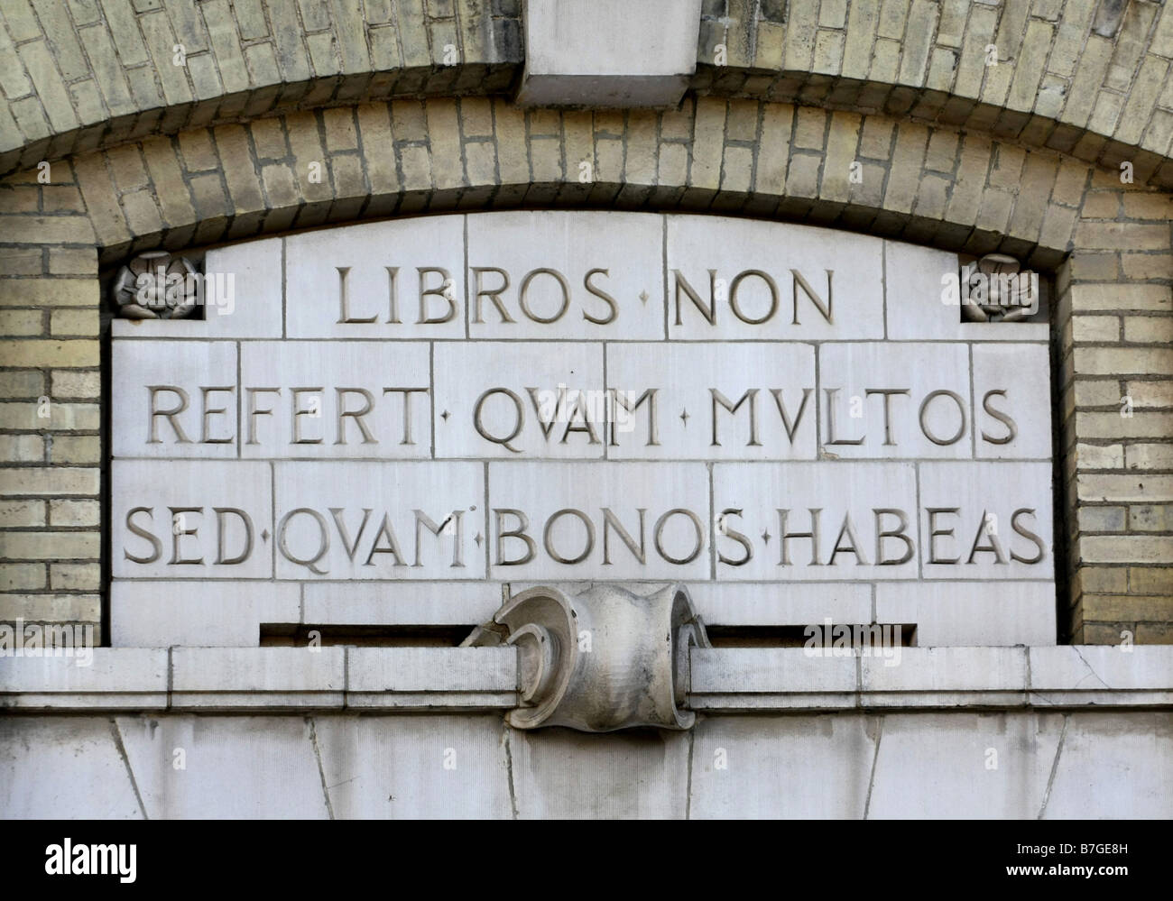 Lateinische Inschrift in Bibliothek: Qualität, nicht Quantität Stockfoto