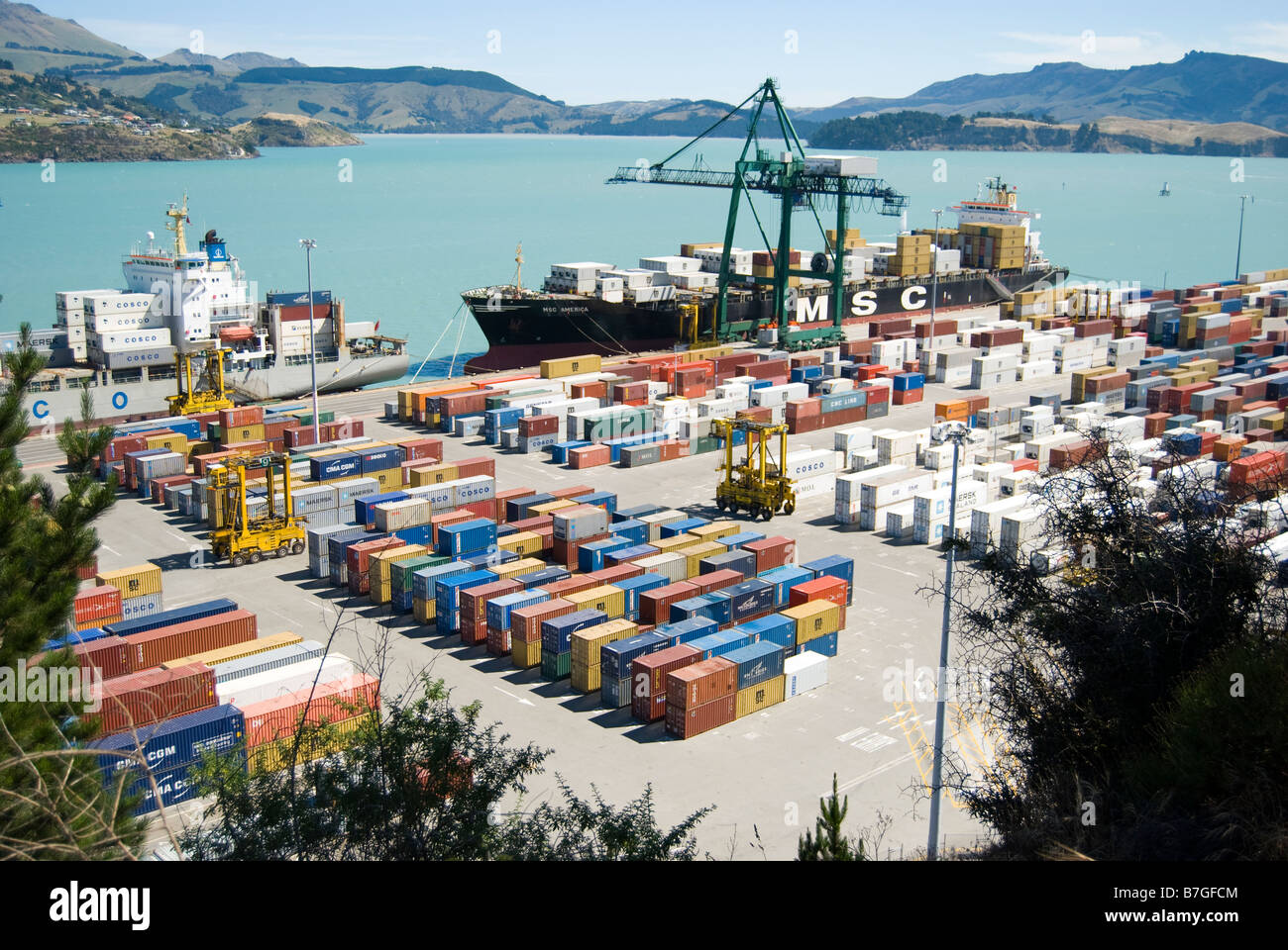 Container-Hafen Lyttelton Harbour, Lyttelton, Banks Peninsula, Canterbury, Neuseeland Stockfoto