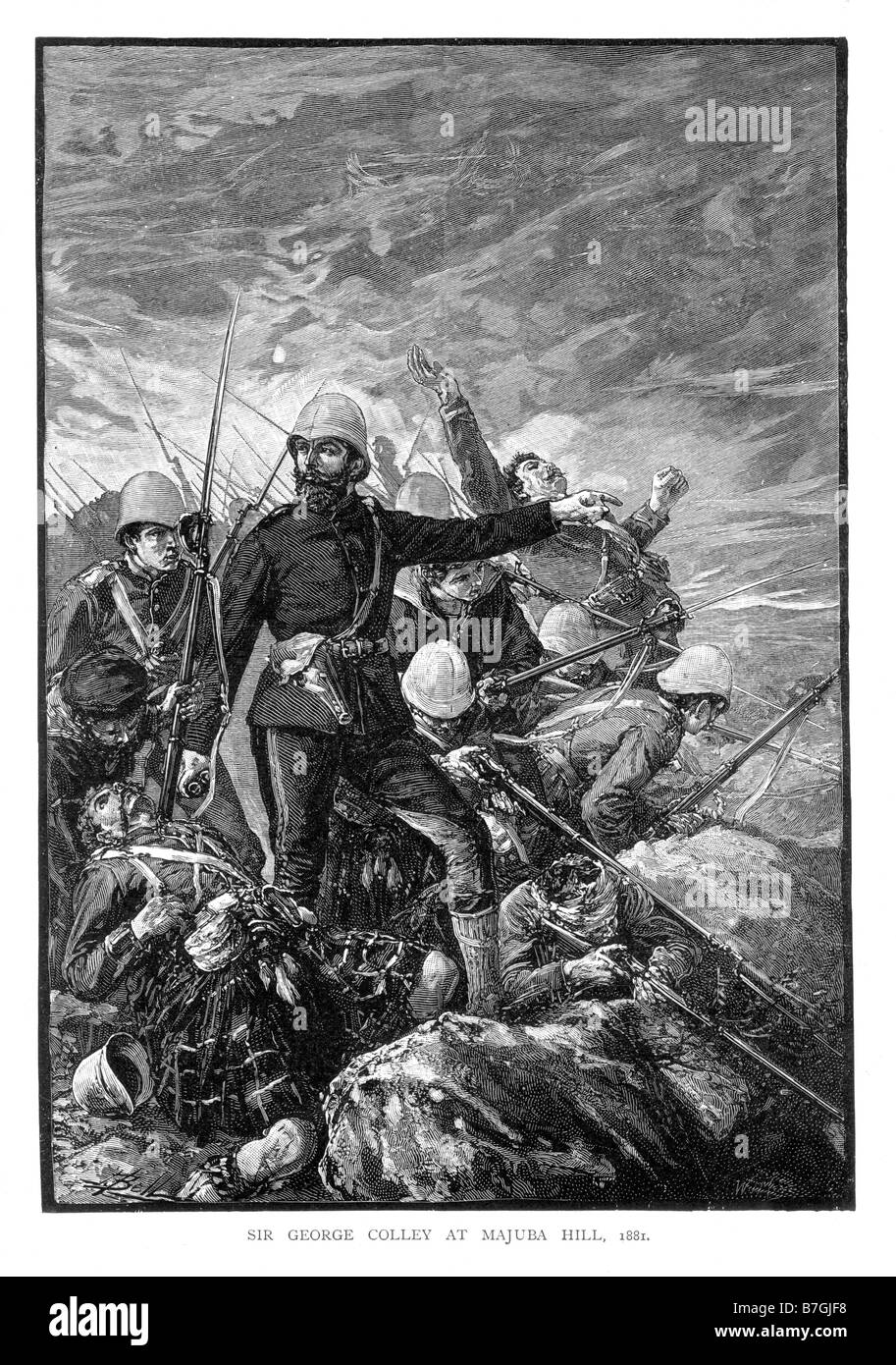 Major General Sir George Pomeroy Colley in der Schlacht von Majuba Hill während des Ersten Burenkrieges am 27. Februar 1881 Illustration Stockfoto