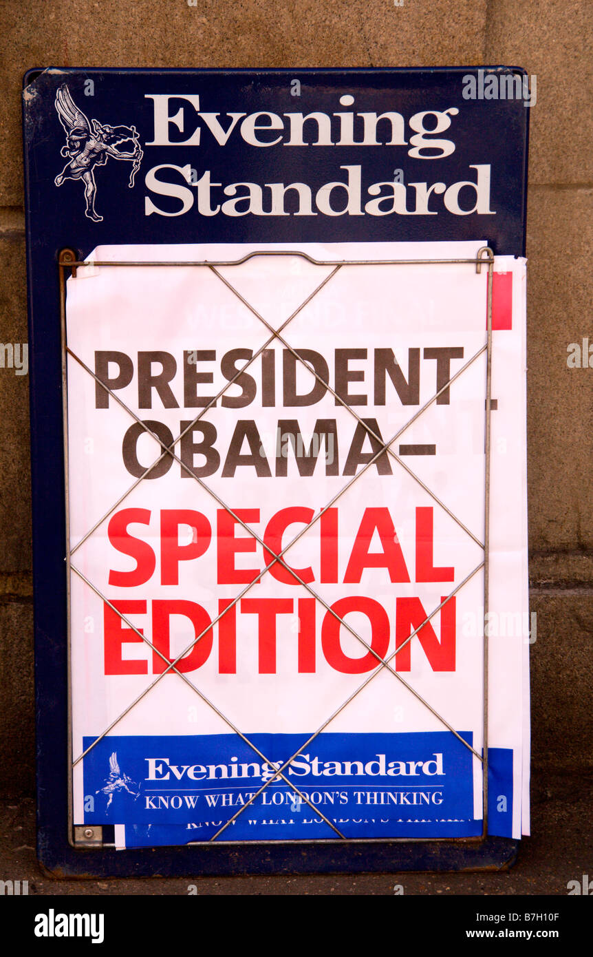 London Evening Standard Überschrift an Bord für ihre 21. Januar 2009 Präsident Obama Wahl Special Edition, Piccadilly, London. Stockfoto