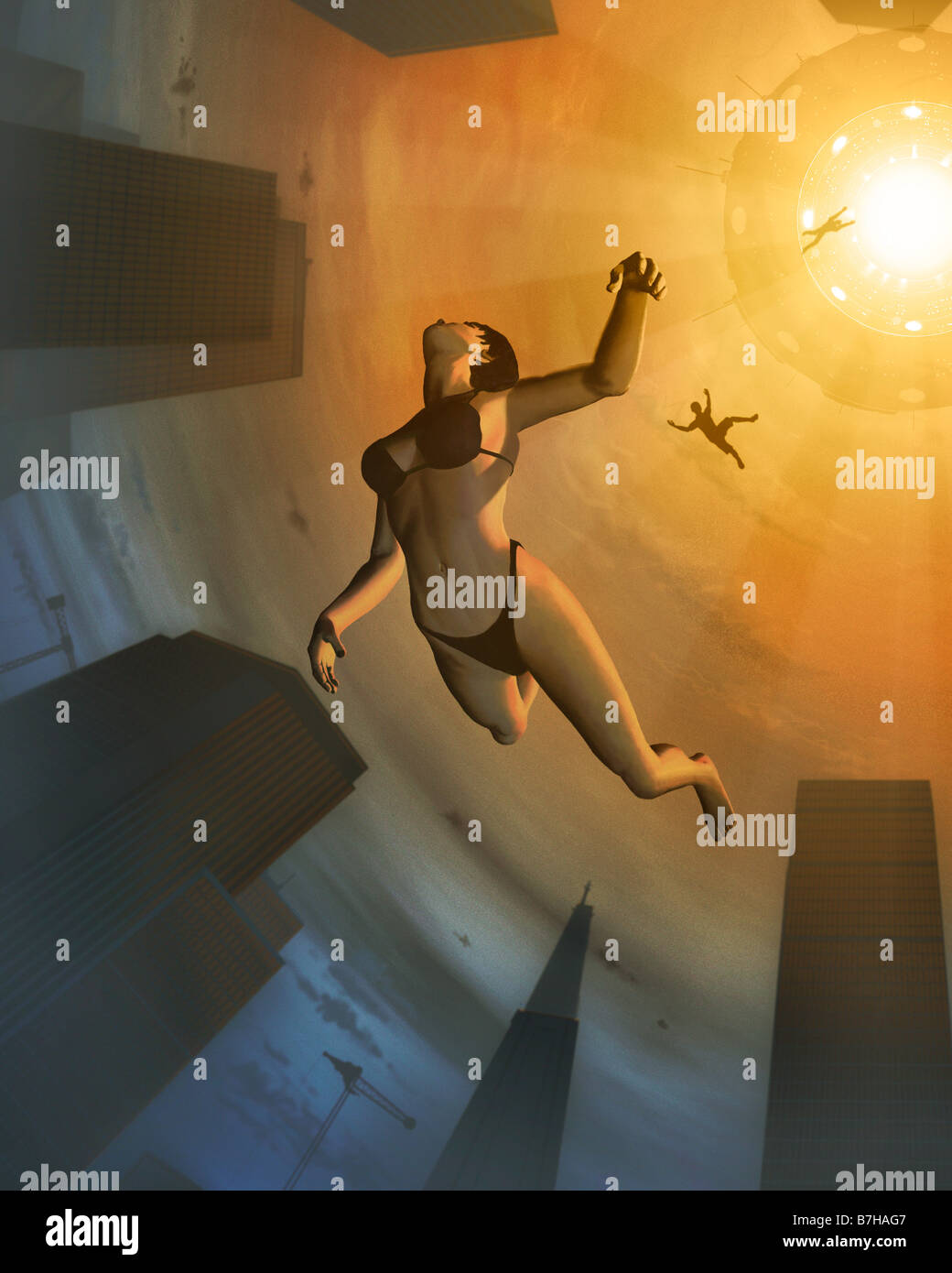 Ein außerirdisches Raumschiff eintrifft, Menschen entführen und zeichnen sie im Inneren. Stockfoto