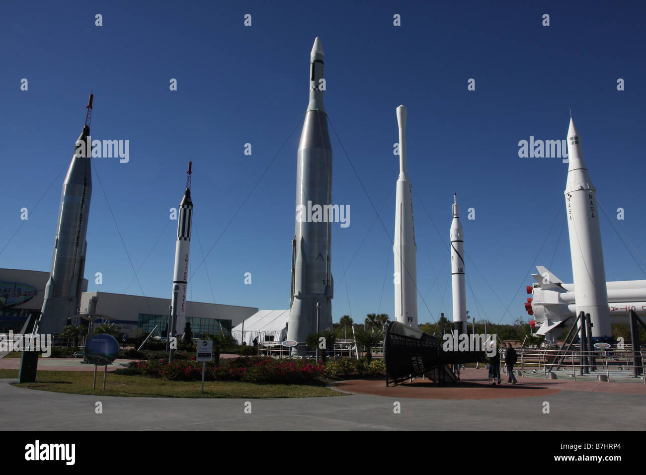 NASA-Mercury Familie Raketen Besucherzentrum Kennedy Space Center Cape Canaveral Tour Tourist Museum Anzeige Rakete Stockfoto