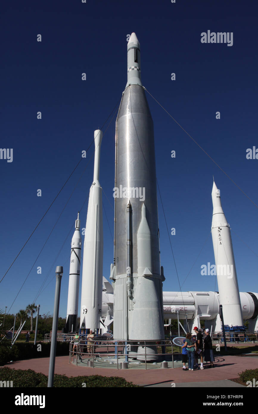 NASA-Mercury Familie Raketen Besucherzentrum Kennedy Space Center Cape Canaveral Tour Tourist Museum Anzeige Rakete Stockfoto