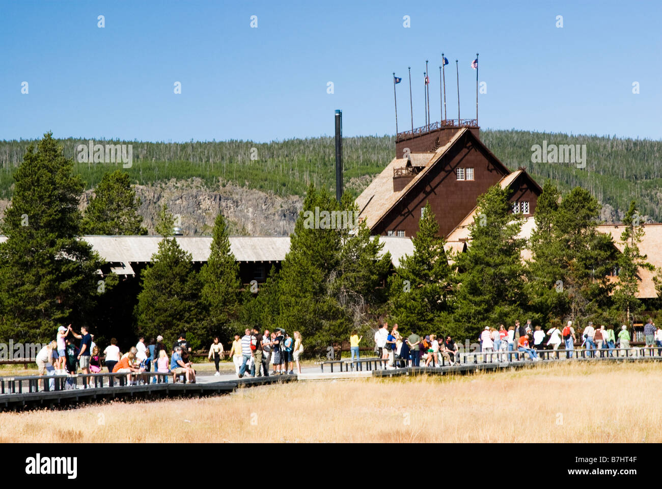 Old Faithful Inn in Yellowstone Nationalpark Stockfoto