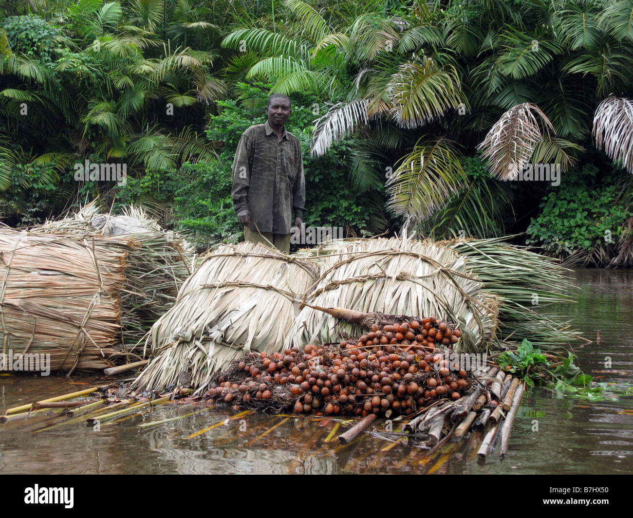 Fischer-Mann auf hausgemachten Floß der Pole peitschte zusammen mit Schwergut von thatching Material Fluss Kongo Demokratische Republik Stockfoto