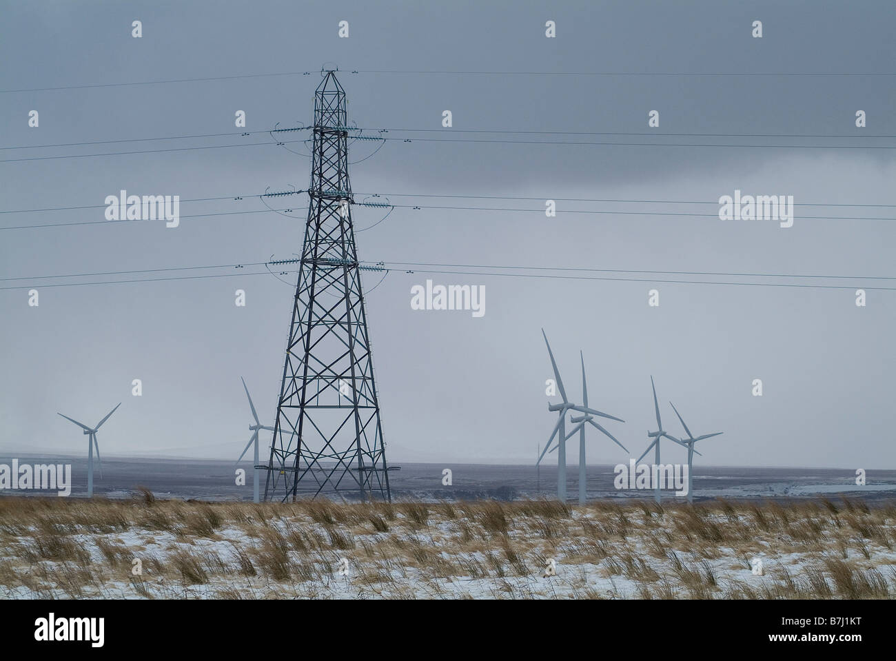 dh Causeymire Wind Farm NPOWER CAITHNESS Scotland Power Lines winterlich Moorland Wind Turbine pylon uk Flow Land Winter Stockfoto