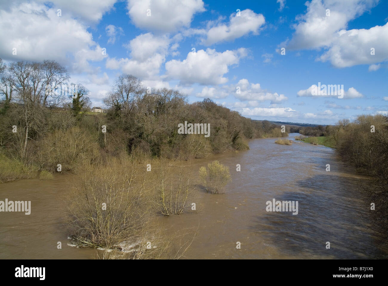 dh River Wye POWYS WALES Wye Valley Fluss bei Hochwasser platzen Flussufern Hochwasser überlaufen Stockfoto