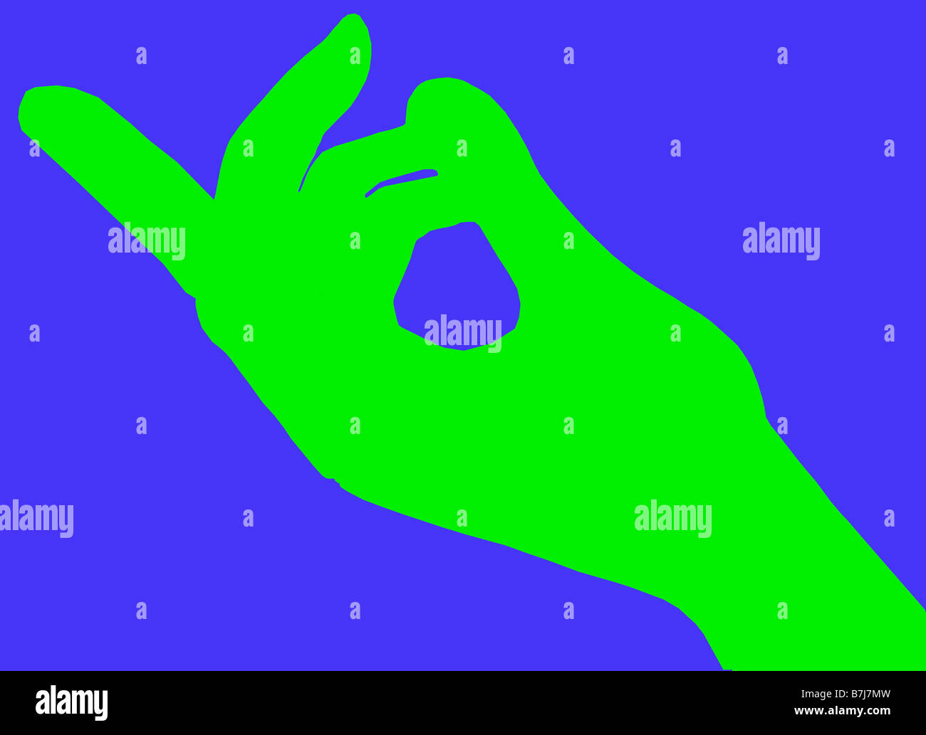 Grün, winkte, Hand und Finger auf blauem Hintergrund isoliert Stockfoto