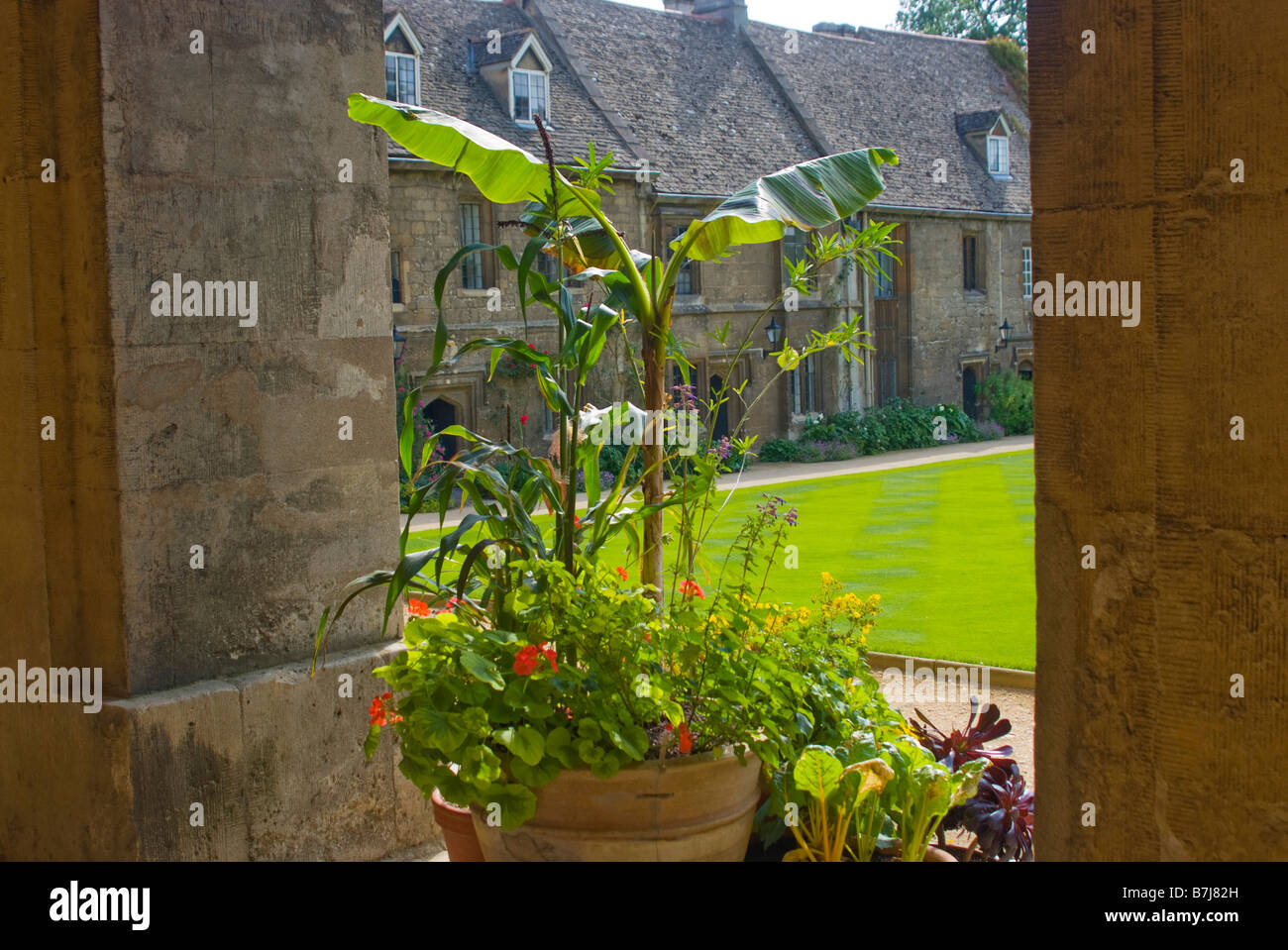 Blumentöpfe in Worcester College in Oxford Stockfoto