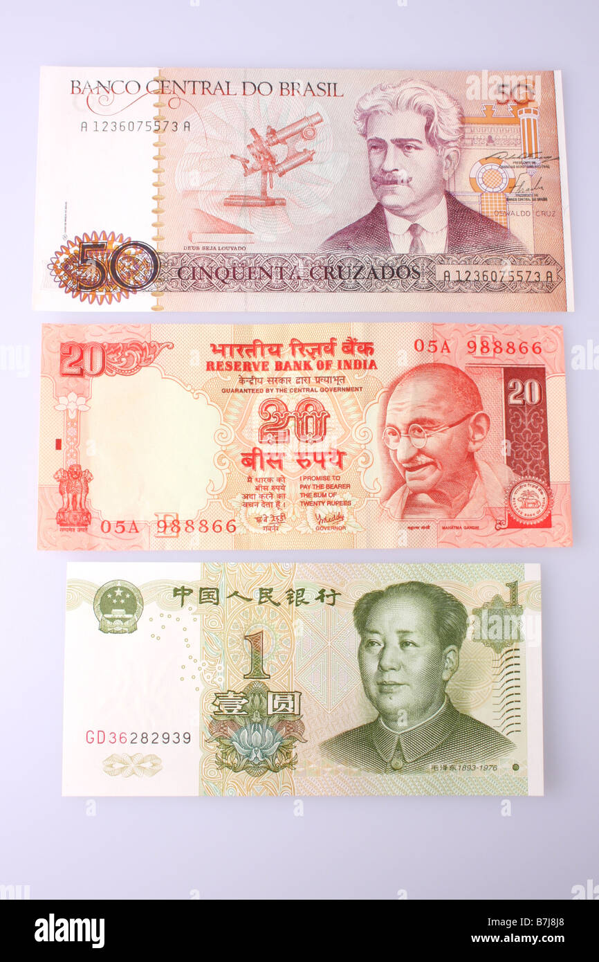 Einer chinesischen indischen und brasilianischen Banknote. Stockfoto