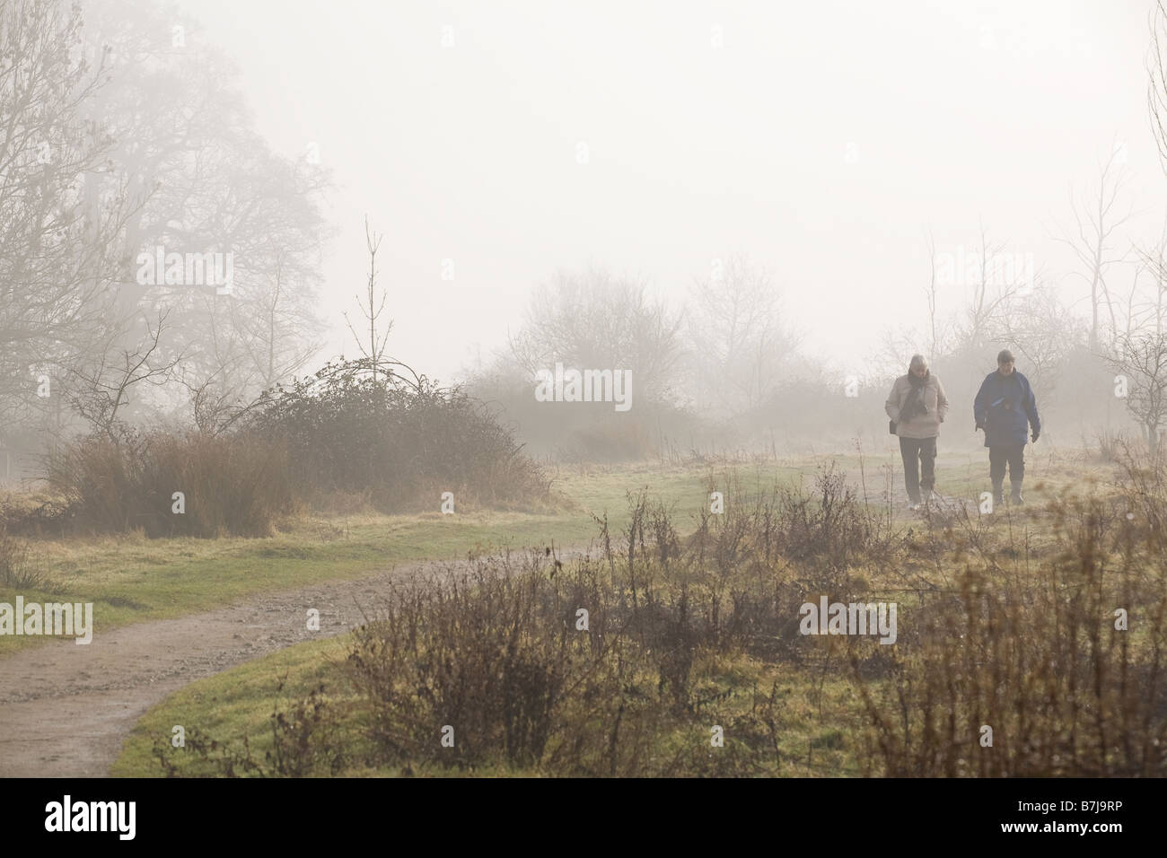 Zwei Wanderer der Dame am nebligen Morgen in englischen Landschaft im winter Stockfoto