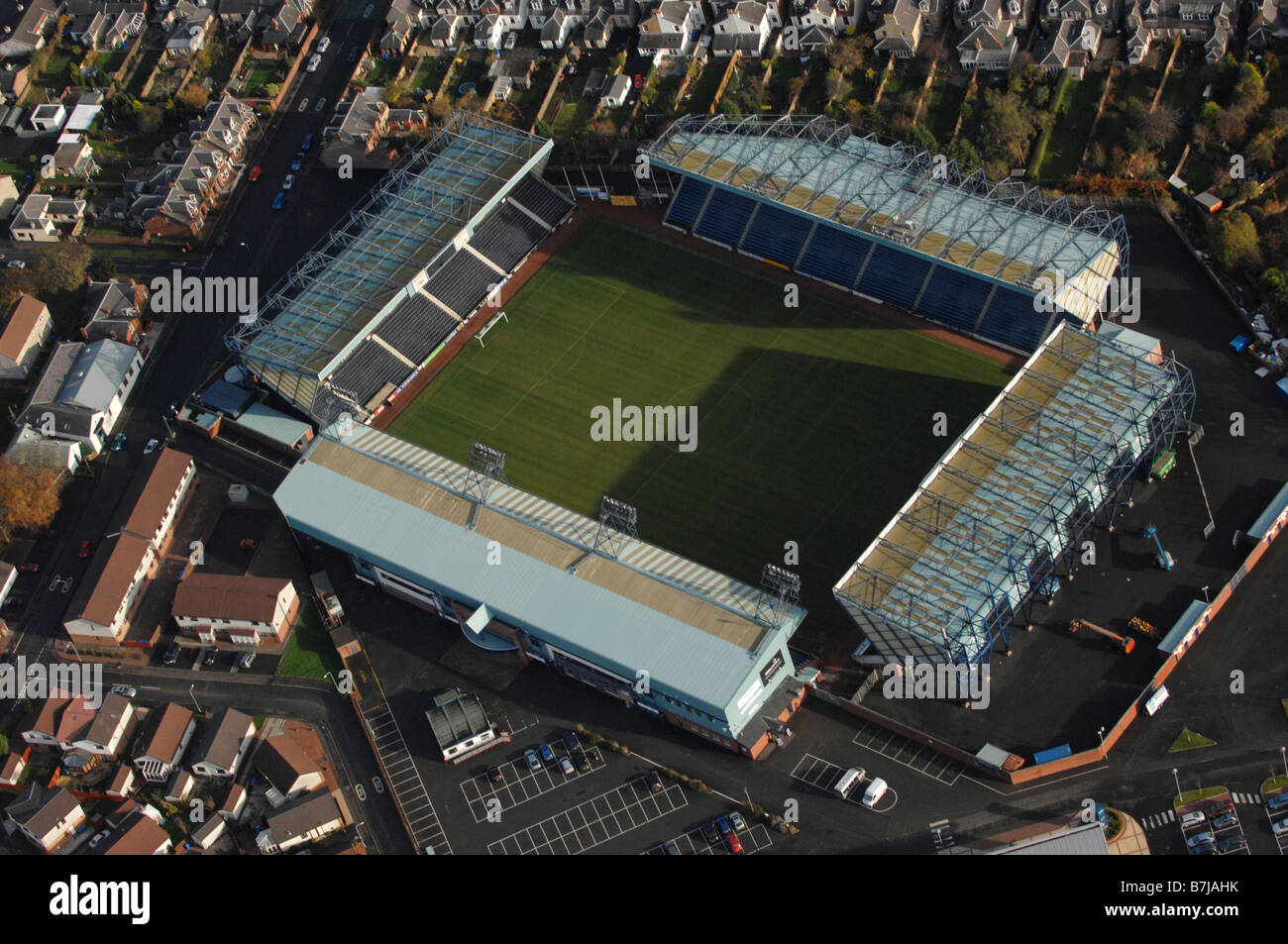 Luftaufnahme des Rugby Park Fußballstadion. Haus von Kilmarnock Football club Stockfoto