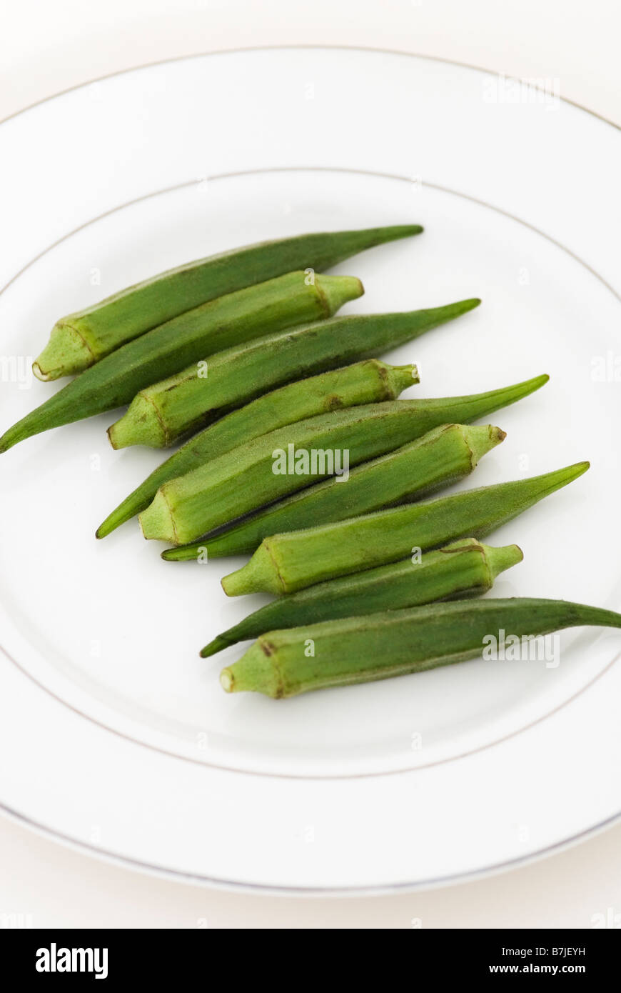 ABELMOSCHUS ESCULENTUS OKRA AUF WEIßEN TELLER Stockfoto