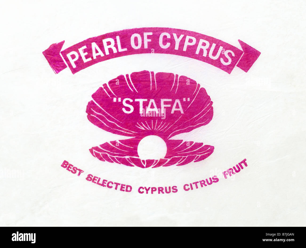 Gedruckte Ephemera / Zitrus Früchte Wrapper aus Zypern - Pearl / Shell-Abbildung auf Seidenpapier. Stockfoto