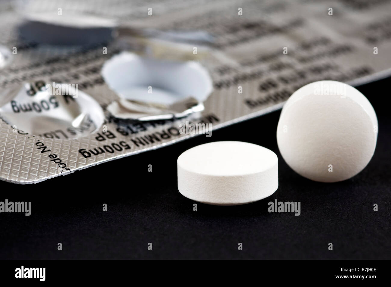 Horizontale Makro Nahaufnahme von einer Blisterverpackung von Pillen und Tabletten Metformin auf schwarzem Hintergrund Stockfoto
