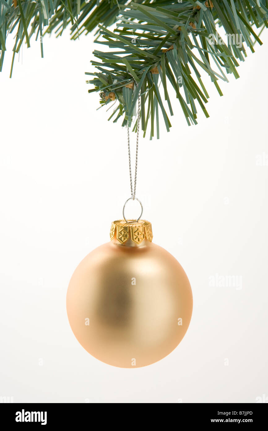 Goldene Weihnachtsdekoration hängen von Baum vor weißem Hintergrund Stockfoto